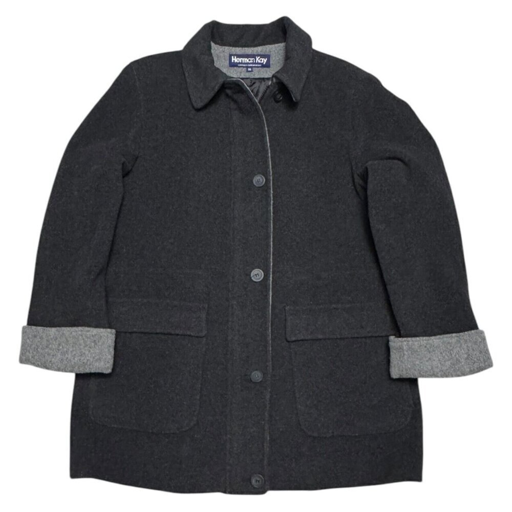 HERMAN KAY WOOL Luxury Designer Grey Winter Business Casual Coat Womens Medium